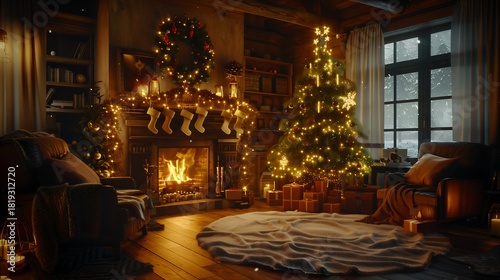Cozy Christmas Living Room with Fireplace and Tree image photo