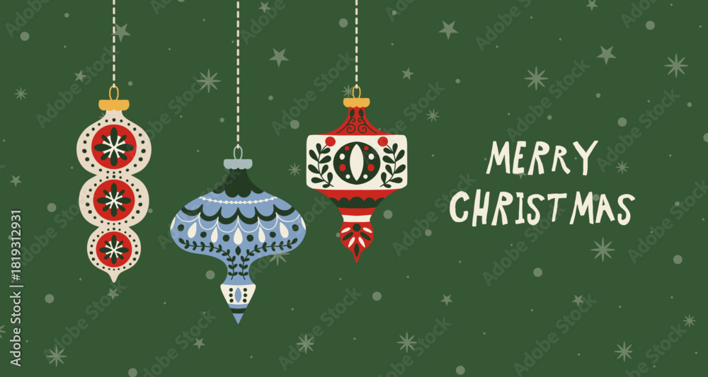 Obraz premium Christmas holiday background. Winter xmas poster background with folk art Christmas ornaments. Greeting card design template. Vector flat illustration