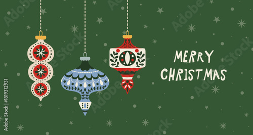 Christmas holiday background. Winter xmas poster background with folk art Christmas ornaments. Greeting card design template. Vector flat illustration