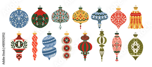 Set of folk art Christmas ornaments teardrop, icicle, cone, finial and spindle shapes. Xmas winter decoration ball. Holiday bauble with folk art patterns. Vector flat illustration