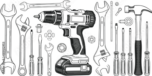 Collection of hand drawn construction tools featuring cordless drill, hammer, wrenches and screwdrivers, black and white vector illustration isolated on white background.