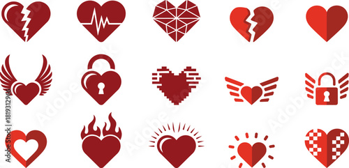 Collection of red heart icons with diverse designs