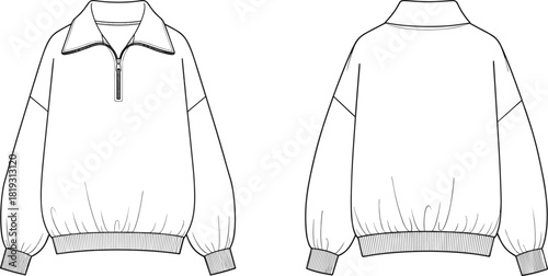 Half zip sweatshirt, drop shoulder, collar, front back view, technical fashion sketch, apparel template, streetwear design, cad drawing flat vector illustration
