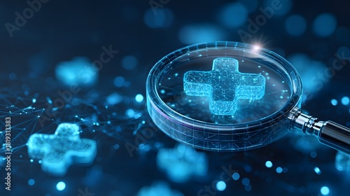 Magnifying Glass Examining Digital Medical Cross Symbol on Blue Background.