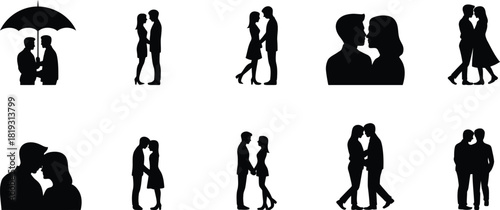 Couple silhouettes embracing under umbrella and in various romantic poses