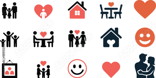 Family home heart and happy face icons love