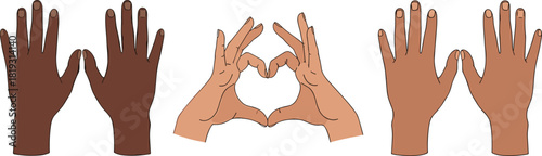 Diverse hands illustration, heart gesture, skin tone variety, unity symbol, inclusivity concept, love expression, cultural diversity, peaceful message