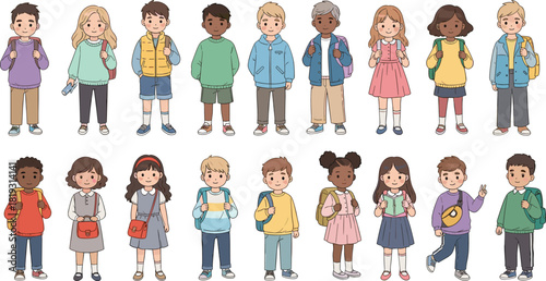 Cartoon school children group, diverse outfits, backpacks, classroom scene, childhood style, student illustration, education concept, playful character design