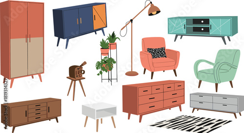 Mid-century modern furniture illustration, sideboards, armchairs, lamp, rug, plant stand, vintage decor, stylish interior design, retro home elements