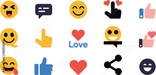 Social media icons including emojis like laughing and happy faces