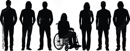 Inclusive silhouette illustration, wheelchair user, standing figures, diversity concept, accessibility awareness, equality symbol, black outline, representation in design