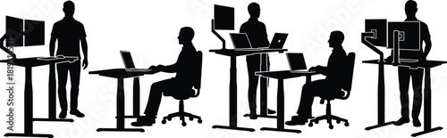 Office desk silhouettes, ergonomic workstation setup, standing desk, seated posture, computer users, workplace health, adjustable monitor, productivity concept