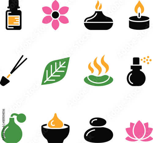 Spa and wellness icons with essential oil bottle and lotus flower