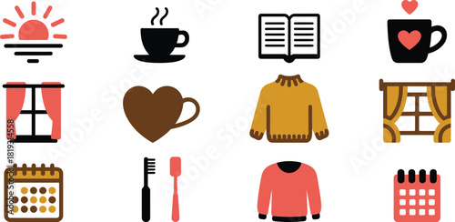 Sunrise coffee cup book sweater toothbrush calendar icons
