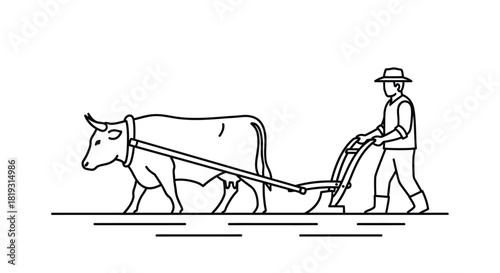 A simple line drawing depicts a farmer plowing a field with an ox
