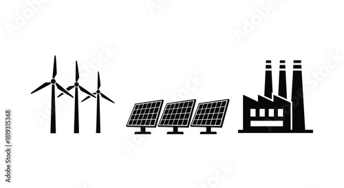 Renewable energy sources depicted with wind turbines solar panels and industrial buildings