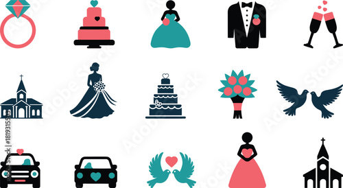 Wedding icons ring cake bride groom church doves car champagne