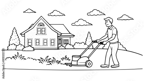 Lawn care service with a professional gardener mowing the grass near a house
