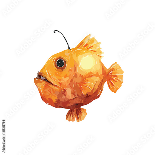 Cartoon Anglerfish Vector Illustration Deep Sea Fish with Lure and Sharp Teeth.