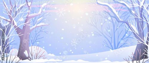 Winter Christmas forest landscape scenery covered with snow. Wintertime background with snowfall for New year holidays and seasonal design for children. Vector cartoon forest landscape for kids.