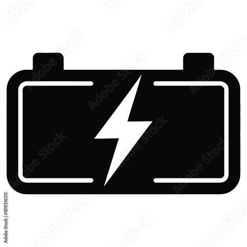 Black and white car battery icon with lightning bolt isolated on white background for automotive industry