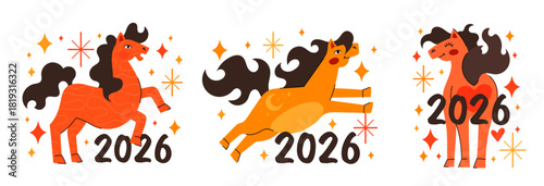 Vector illustration set with flame red horses, stars, hearts and fire. Symbol of 2026 year. Chinese New Year. Illustration cartoon style. Transparent background. Greeting card template