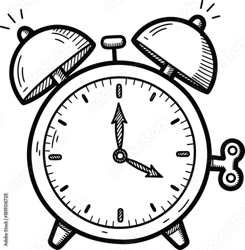 Doodle Clock Alarm Icon - Hand-Drawn Solid Black Alarm Clock with Uneven Bells Sketch
