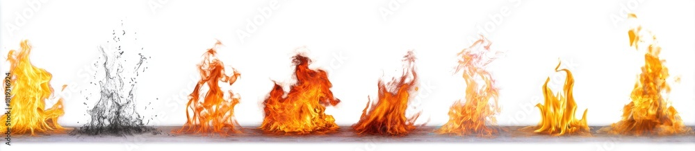 Fototapeta premium Row of various flames and smoke on white background, isolated element