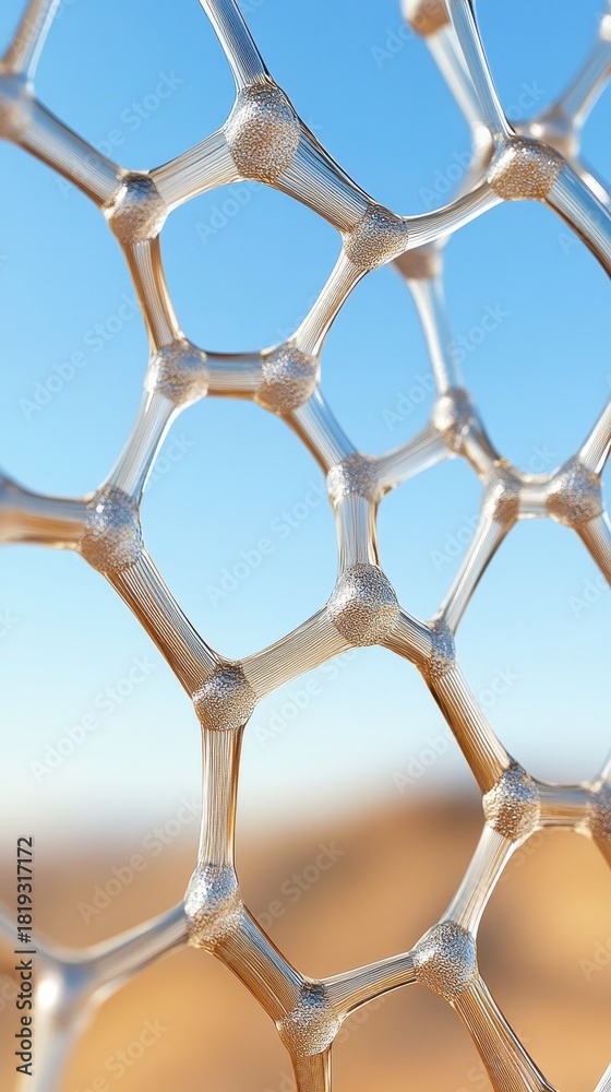 Fototapeta premium Microscopic hexagonal atomic structure with transparent crystalline links against a soft blue sky.