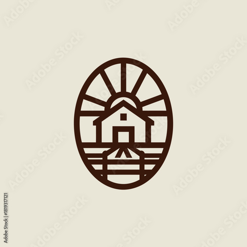 Minimalist farm landscape illustration with house, fence, fields, and rising sun in an oval monoline design.