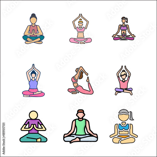 Collection of diverse people practicing yoga poses in flat design style