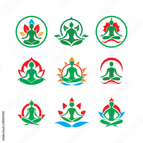 Collection of yoga meditation poses with lotus flower and abstract elements
