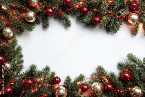 Christmas fir border with festive ornaments and lights