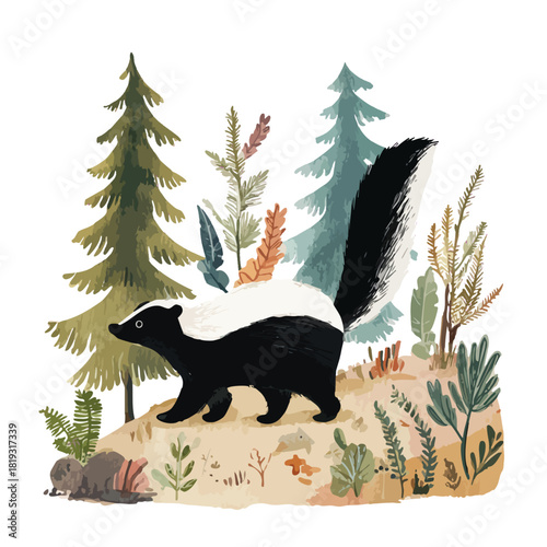 Charming Skunk Wildlife Illustration in Natural Forest Setting.