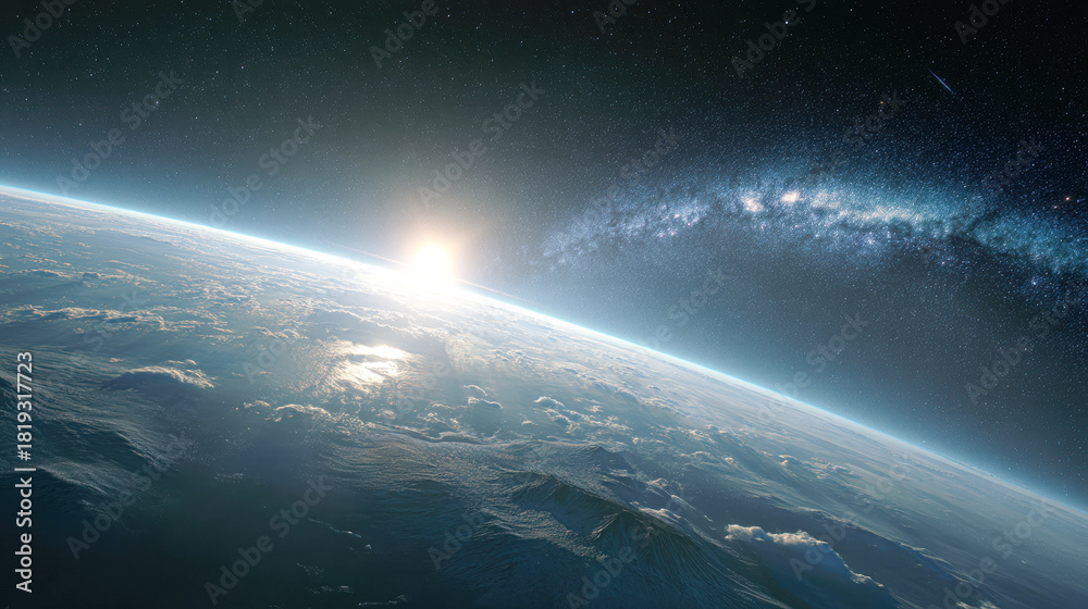 Fototapeta premium A stunning view of Earth from space, showcasing the curvature of the planet, clouds, and the Milky Way stretching across the starry sky.