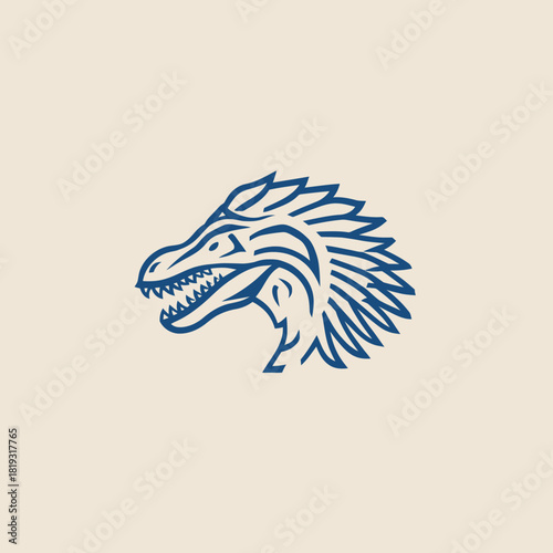 Stylized Blue Dinosaur Head Vector Illustration with Sharp Teeth and Feathered Crest on a Light Background