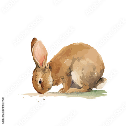Charming Watercolor Rabbit Illustration Sniffing Ground Artistic Animal Design.