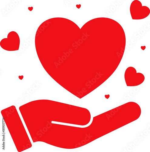 Hand holding a large red heart, concept of altruism, donation and romantic connection, perfect for Valentine's Day or non-profit organization materials, universal graphic for health and compassionate 