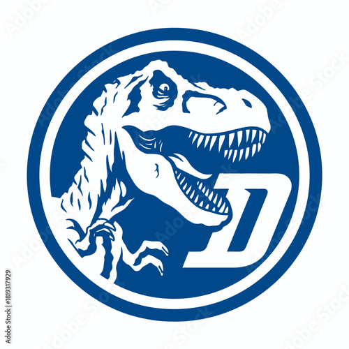 Dynamic Tyrannosaurus Rex Dinosaur Head Graphic in Blue and White Circle Illustration with Stylized Letter D
