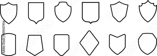 Diverse collection of outlined shield shapes, variety of classic and modern coat of arms designs for security and protection, minimalist line art vector set for web design and print
