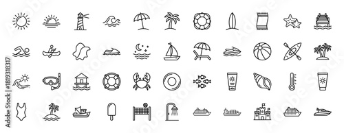 Summer beach vacation line icon set. Vector pictograms of sun, lighthouse, palm tree, beach umbrella, surfboard, sailboat, crab, sandcastle, and cruise ship, thin linear illustration.