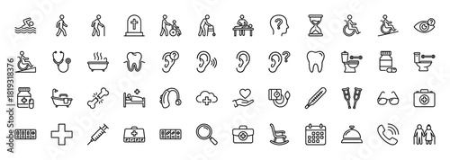Healthcare and senior care line icon set. Vector pictograms of walker, wheelchair, stethoscope, pill bottle, crutches, thermometer, syringe, and first aid kit, thin linear illustration.