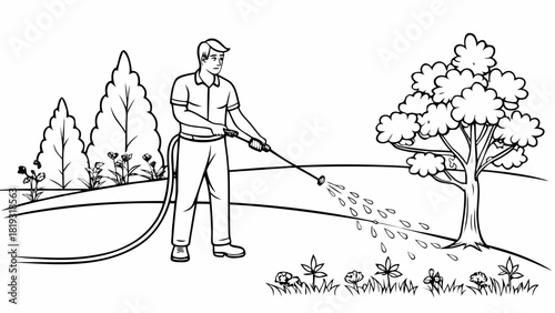 Lawn care service with a gardener watering a freshly cut tree