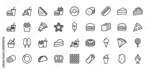 Food line icon set. Vector pictograms of burgers, fries, pizza, hotdogs, donuts, cakes, ice cream, and drinks, thin linear illustration.