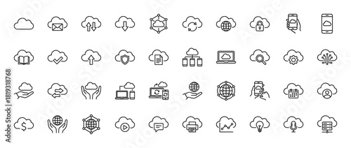 Cloud computing line icon set. Vector pictograms of global networks, mobile devices, laptops, data storage, security, synchronization, analytics, and communication elements, thin linear illustration.