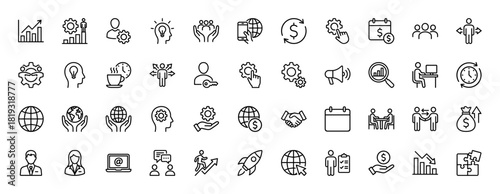 Business and management line icon set. Vector pictograms of users, charts, finance, global network, teamwork, ideas, calendar, growth, analysis, and strategy, thin linear illustration.