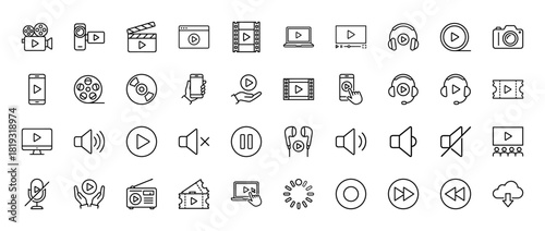 Digital media line icon set. Vector pictograms of camcorder, laptop, smartphone, headphones, play button, film strip, speaker, microphone, remote, and cinema tickets, thin linear illustration.