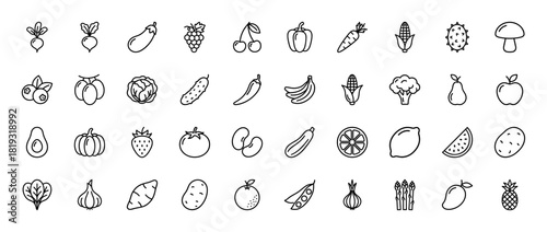 Healthy food line icon set. Vector pictograms of fruits and vegetables including grapes, carrots, corn, apples, pumpkins, and pineapples, thin linear illustration.