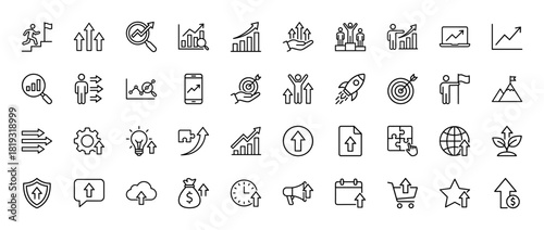 Business growth and success line icon set. Vector pictograms of charts, graphs, targets, rockets, podiums, money bags, puzzles, and lightbulbs, thin linear illustration.
