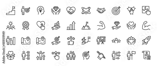 Business strategy and achievement line icon set. Vector pictograms of teamwork, ideas, targets, growth, quality, innovation, progress, and awards, thin linear illustration.